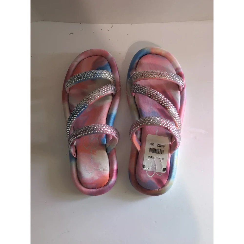Jessica Simpson Pink Blue Watercolor Tye Die Girls Sparkle Youth Sandals  5  NEW